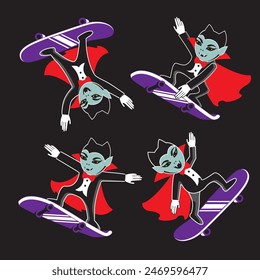 Cartoon Vampire skateboarding. Set Vector illustration.