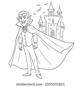 A cartoon vampire standing in front of a castle