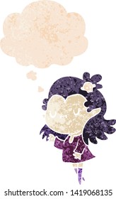 cartoon vampire with thought bubble in grunge distressed retro textured style