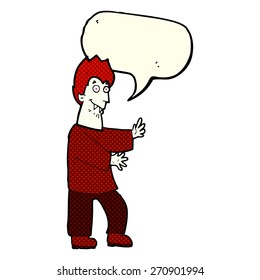 cartoon vampire waving hands with speech bubble
