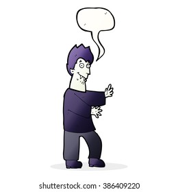 cartoon vampire waving hands with speech bubble