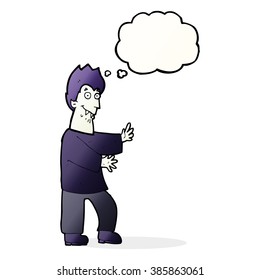 cartoon vampire waving hands with thought bubble
