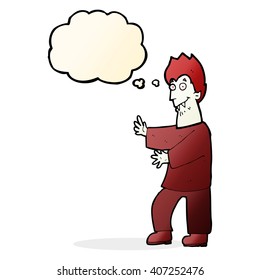 cartoon vampire waving hands with thought bubble