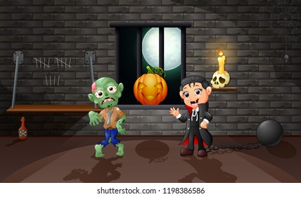 Cartoon of vampire and zombie in the house