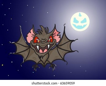 Cartoon vampire-bat and moon like pumpkin