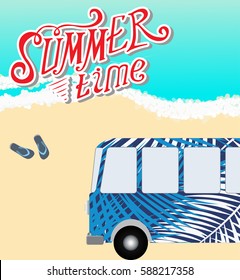 Cartoon van with bus standing in the road by the sea. Vector Illustration. EPS10