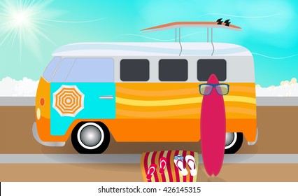 Cartoon van with surfboards standing in the road by the sea. Vector Illustration. EPS10