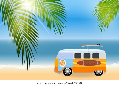 Cartoon van with surfboards standing in the road by the sea. Vector Illustration. EPS10