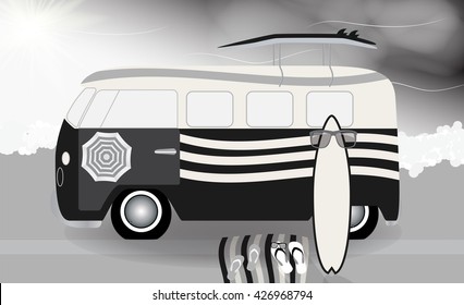 Cartoon van with surfboards standing in the road by the sea. Vector Illustration. EPS10