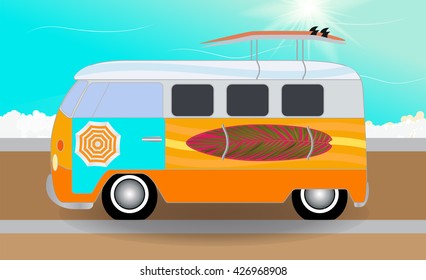 Cartoon van with surfboards standing in the road by the sea. Vector Illustration. EPS10