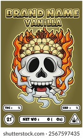 Cartoon Vanilla on Skull Head Smoking And Burning Fire Backgrounds. For Product Packaging Cover. Vectors Illustrations