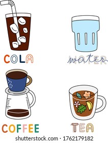 Cartoon of variety menu set of soft drinks in many glass shapes with difference flavor and taste. Simple cute hand draw line vector and minimal icons flat style Character illustration.