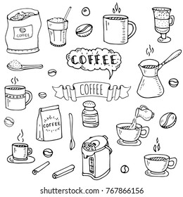 Cartoon various beverage element: mug, cup, espresso, americano, irish, decaf, mocha, coffee making machine