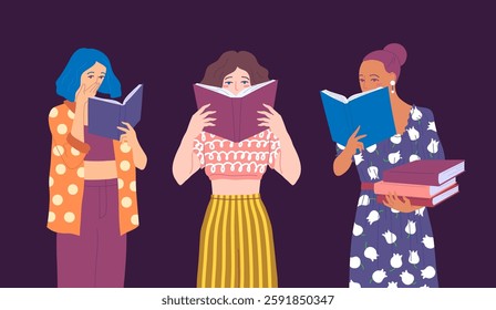 Cartoon Various Characters Young Women Read Book Set Library Club Concept Flat Design Style. Vector illustration of Girls Holding Books