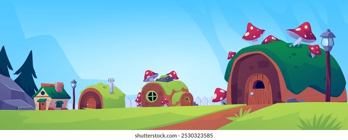 Cartoon various huts in fairy village. Vector cute dwarf houses with rounded roof covered with grass and fly agaric mushrooms. Rural dwellings, fence and lantern. Game fantasy background