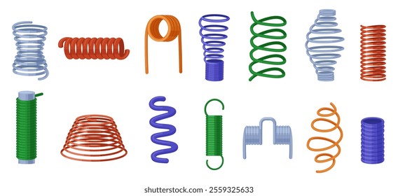 Cartoon various springs. Metal spring, isolated slinky coils. Flexible elements for technics, repair equipment, pressure steel wire, nowaday vector clipart