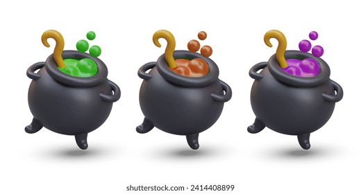 Cubierta de caricatura con poción verde, naranja y púrpura hirviendo en una cuba negra. Sopa mágica. Decoración para Halloween. Un tema fantástico para las vacaciones. Ilustración vectorial en estilo 3d