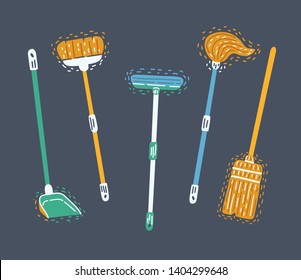 Cartoon vecor illustration of Cleaning, Home Appliances Icons Set. Dustpan, sweeping brush, mop, broom on dark bakcground.