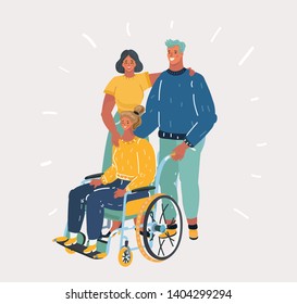 Cartoon vecor illustration of couple caring about his friend girl who is disabled. Man and woman push wheelchair with female person. Friendship, family, volunteer and health care on white background.