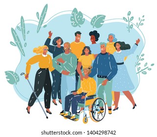 Cartoon vecor illustration of disabled people care. Woman in a wheelchair and blind person with his friends get together.