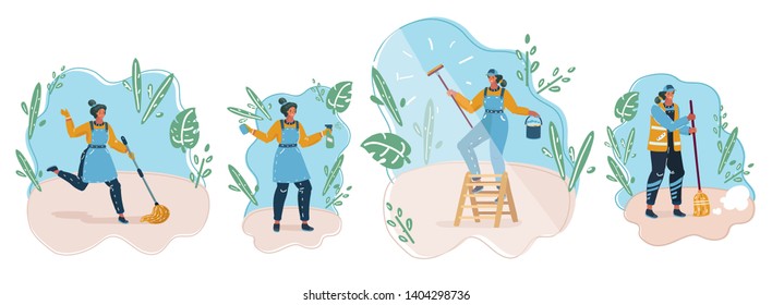 Cartoon vecor illustration of Cartoon housewife in housework activity. Happy woman performing household. Housewife female person in work.