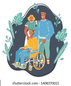 Cartoon vecor illustration of Young woman in wheelchair with her friends or family members on dark background. friendship, family, volunteer and health care.