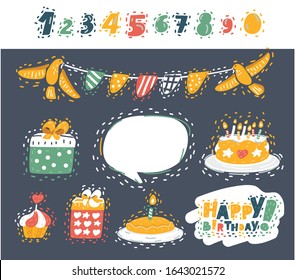 Cartoon vecor set of illusration of cartoon birthday party element on dark. Colorful balloon, flags, garland, cupcakes, pie, cupcake, gifts, candles, bigds and numbers. Hand drawn object on dark