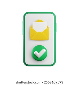 Cartoon Vector 3d accepted message icon. Realistic 3d render open envelope with yes check mark on smartphone screen. Confirmed incoming message notification. Checked email, successful mail delivery.