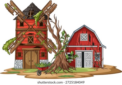 Vetor de desenhos animados de prédios agrícolas vermelhos abandonados, moinho de vento quebrado e árvore retorcida em terra estéril