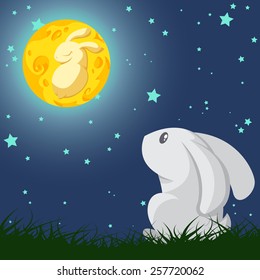 Cartoon vector about gray rabbit look up the yellow rabbit in the moon