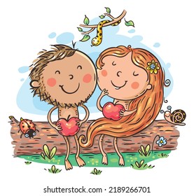 Cartoon Vector Of Adam And Eve With Apples In Paradise. Bible Story Scene: First Man And Woman In Garden Eden