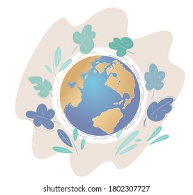 Caricatura vectorial vista aérea del pacífico globo terrestre calmado, ilustrando el cambio climático y las preocupaciones ambientales en todo el mundo.