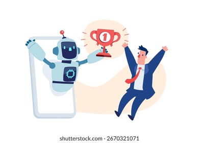 Vector de dibujos animados de un robot de IA en una pantalla de teléfono inteligente que da un trofeo número uno a un hombre de negocios. Concepto de chatbot, asistente digital, éxito, recompensa y logros comerciales.