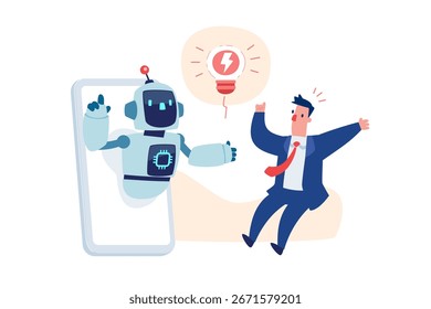 Cartoon vector of an AI robot on a smartphone screen giving a glowing idea light bulb to a businessman. Concept of chatbot, digital assistant, creativity, innovation, and business support.