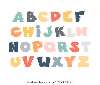 Cartoon vector alphabet for kids. Doodle graphic font. Hand drawn art for typography poster, card, brochure, page, banner design. ABC.