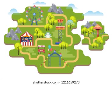 Cartoon vector amusement park map background isolated.