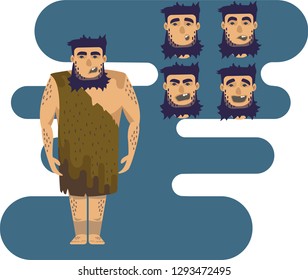 Cartoon vector ancient man with different expressions.