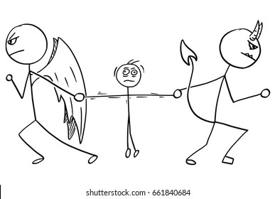 Cartoon vector of angel and devil fighting wrestling for the man