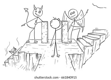 Cartoon vector of angel and devil standing on crossroad showing a man two ways to decide between hell and heaven