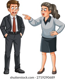 Vector de la historieta del gerente femenino enojado que grita al colega masculino ansioso, fondo blanco aislado