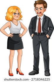 Vector de dibujos animados de colegas de oficina enojados discutiendo, atuendo formal, fondo blanco, contornos audaces