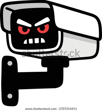 Cartoon vector of an angry surveillance camera (CCTV) with glowing red eyes and a menacing expression, mounted on a bracket. Concept of strict monitoring or digital privacy threat.
