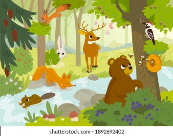 Cartoon vector animals that live in the forest. Forest fauna. Forest inhabitants. Bear looking for honey. Woodpecker hollows the hollow.