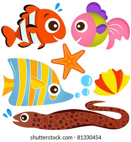 Cartoon Vector of Aquatic animal - Fish and Sea life, clown fish, eel, starfish and seashell. A set of cute and colorful icon collection isolated on white background