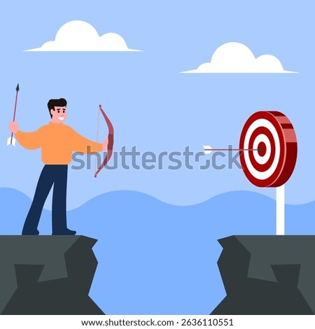 Cartoon vector of an archer man hitting the center of a target with bow and arrow. Perfect for themes of accuracy, goal achievement, success, and focus concepts