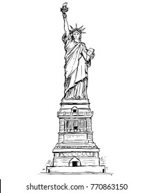 Cartoon vector architectural drawing sketch illustration United States New York Statue Liberty 