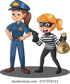 Vector de dibujos animados de ladrón femenino armado amenazando a la mujer policía, colores atrevidos, contornos limpios, fondo blanco