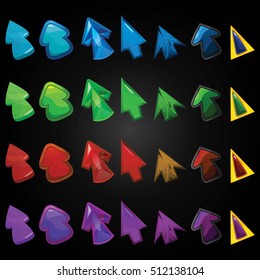 Cartoon vector arrows/cursors, different materials and shapes. Elements for game user interfaces.