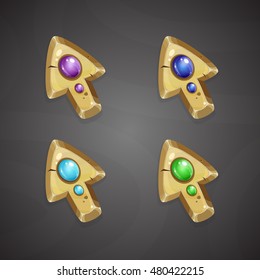 Cartoon vector arrows/cursors.Gold arrows with colors gems. Elements for game user interfaces.