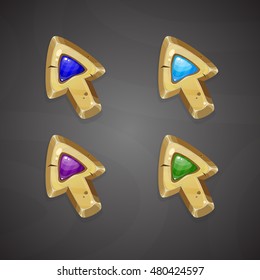 Cartoon vector arrows/cursors.Gold arrows with colors gems. Elements for game user interfaces.